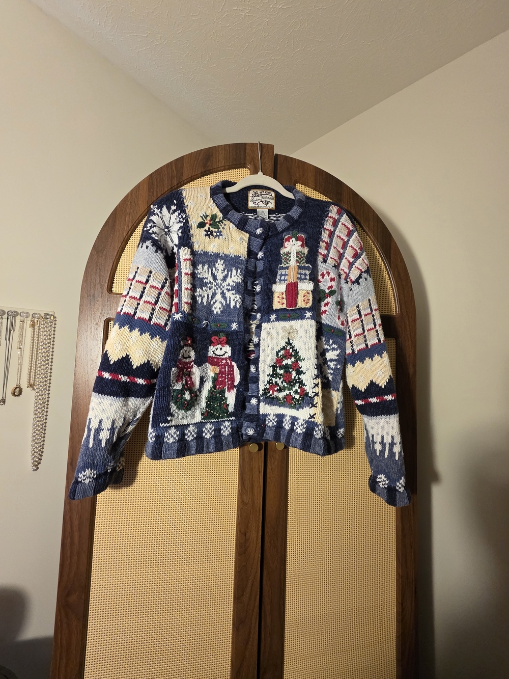 Patchwork Holiday Knit Cardigan Sweater - Navy Multi